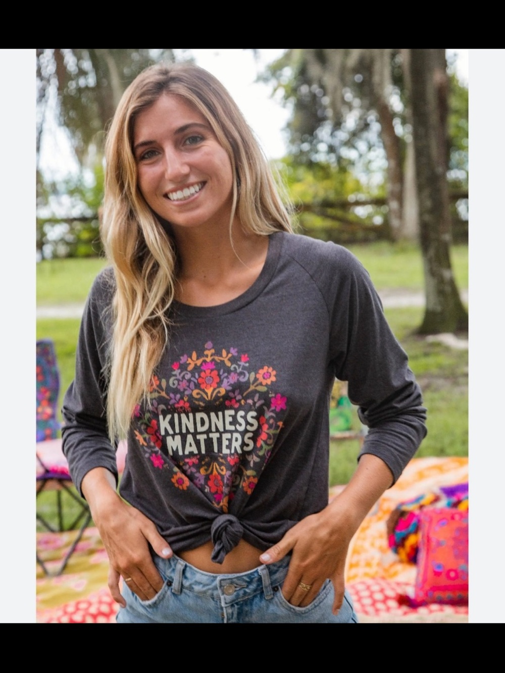 NATURAL LIFE Dark Gray "Kindness Matters" Floral Graphic Long-Sleeve Top
